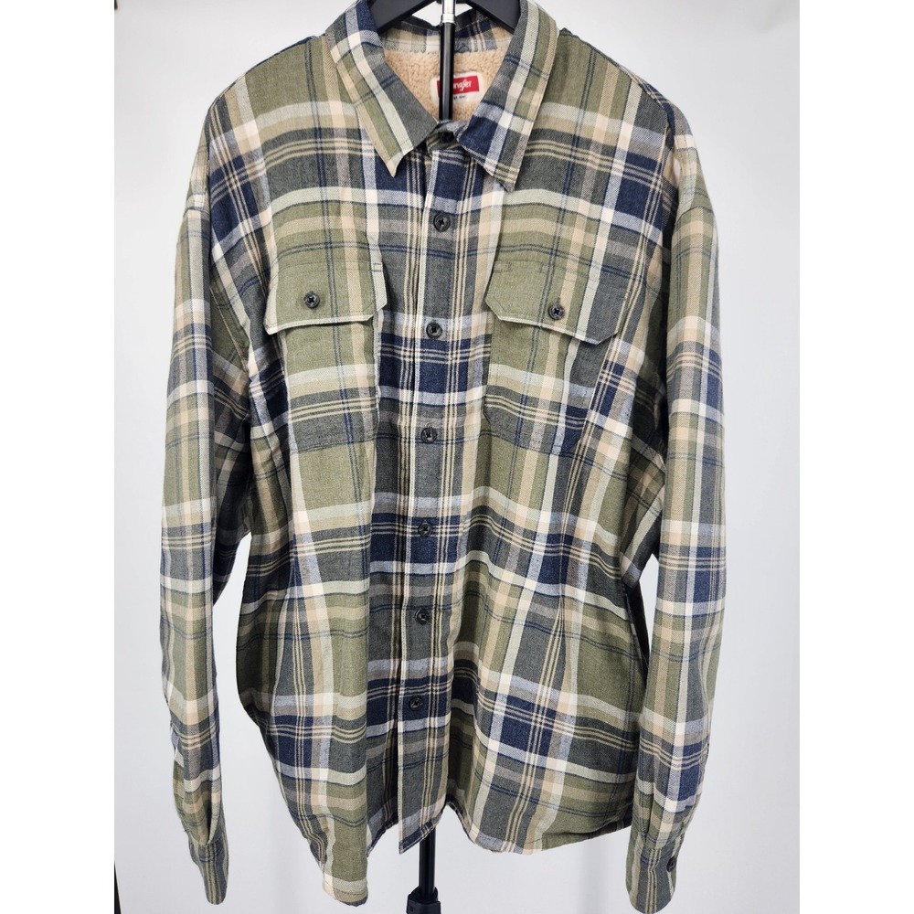 Wrangler Mens Plaid Sherpa Lined Flannel Shirt Jacket Green Blue 2XL HJH1WWW